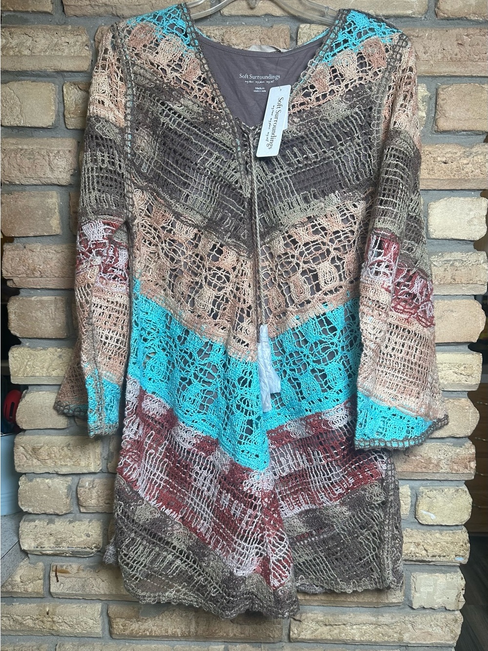 NWT Soft Surroundings Crochet Tunic in Brown, Red and Turquoise Size Medium